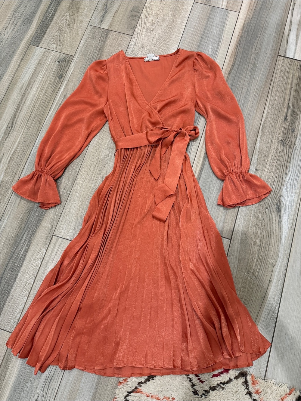 Wrap Midi Dress with Tie Waist in Burnt Orange